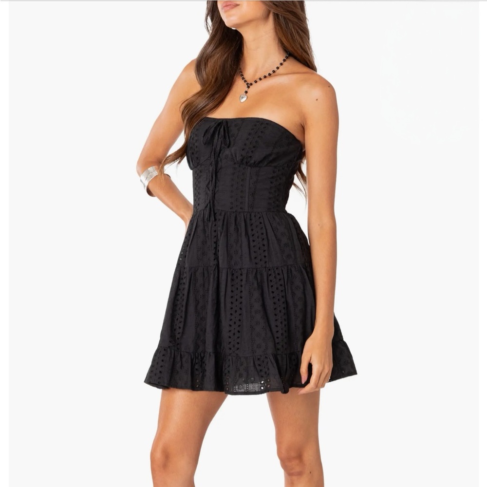 NWT Edikted Liora Black Strapless Eyelet Cotton Minidress
